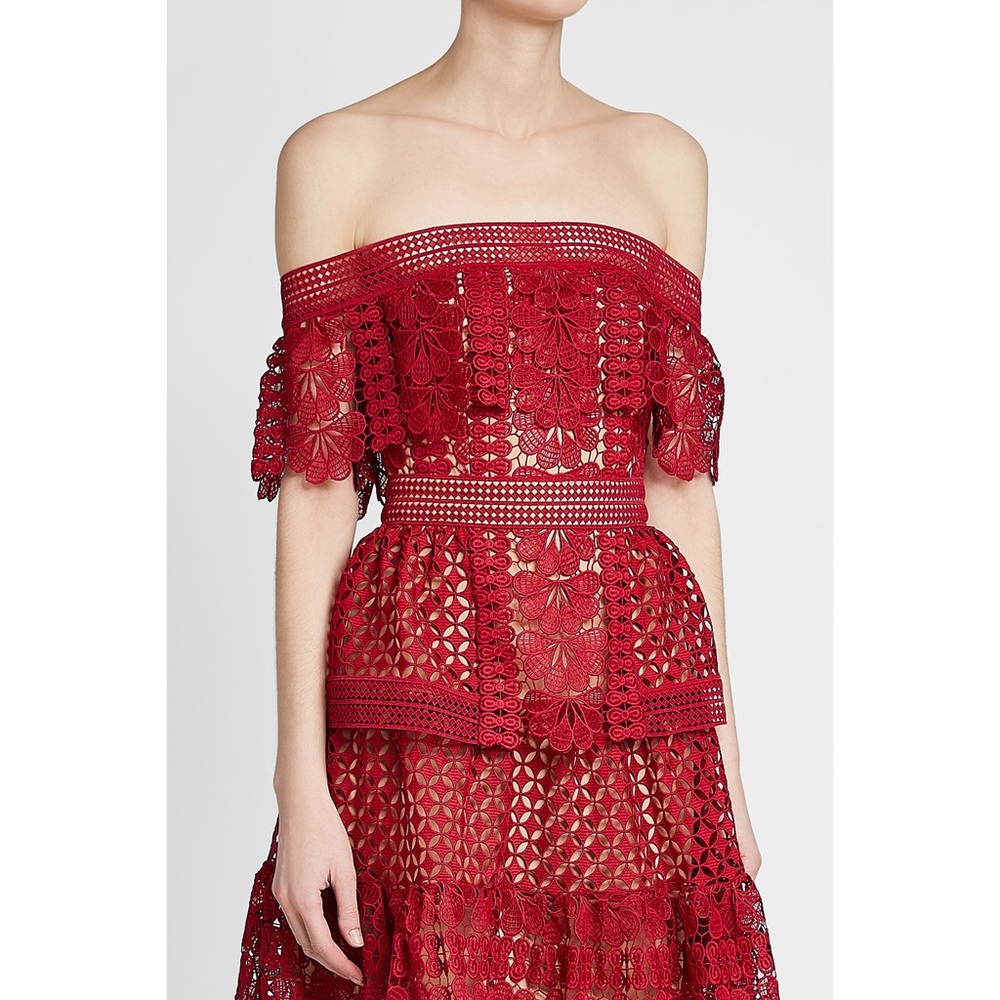 Self-Portrait Off the Shoulder Guipure Mini Dress